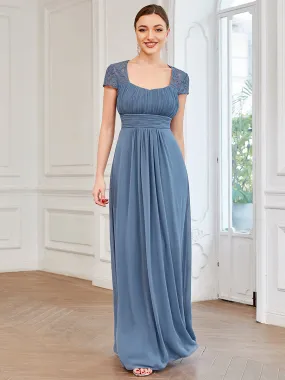 Robe de Demoiselle d'Honneur à Manches Courtes en Dentelle Plissée